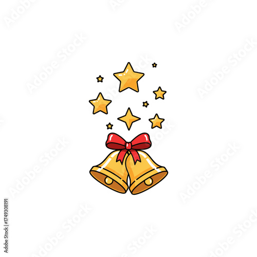 Golden bells with red bow and stars for festive decoration  