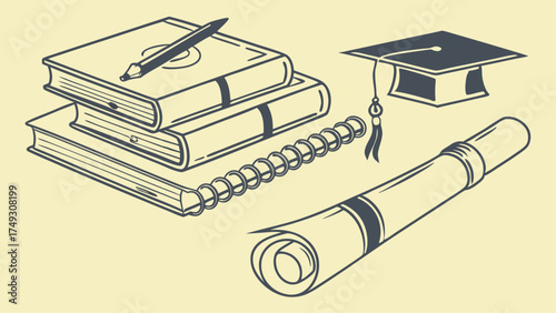 Graduation education illustration with stacked books, certificate and academic cap fo

