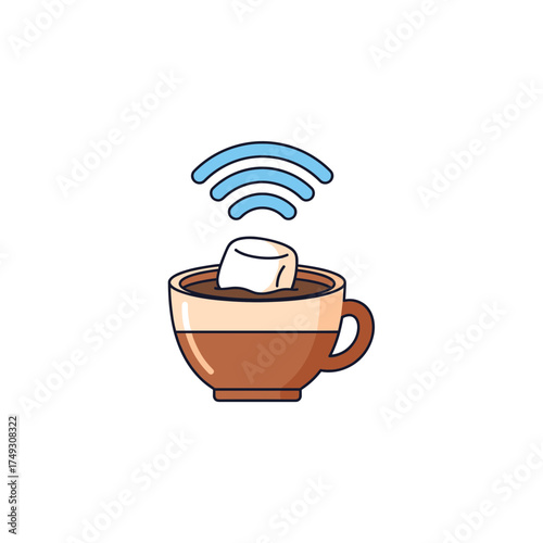 Hot chocolate cup with marshmallow and wireless signal above  