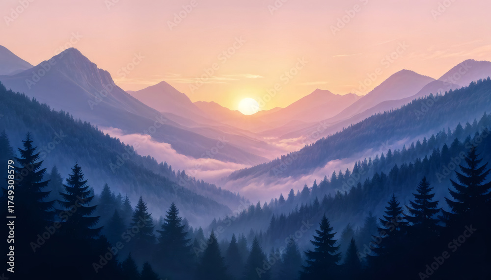 Obraz premium Stunning sunrise illuminates a tranquil mountain valley, perfect for travel inspiration, outdoor adventure, or peaceful background imagery for your next project