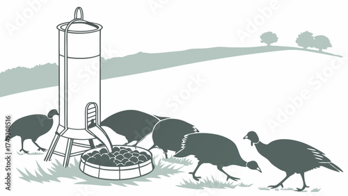 Poultry Farm Turkeys Eating Grain From An Automatic Feeder In A Rural Landscape Illustration