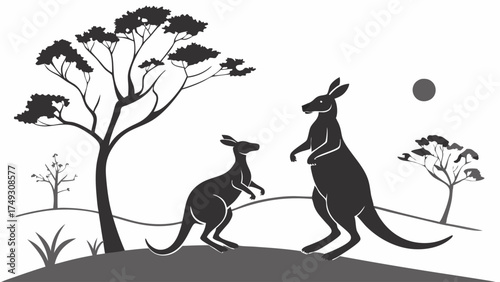 Australian Kangaroos Mother and Baby Silhouette Outback Landscape Illustration for Travel Tourism Wildlife Education and Kids Books