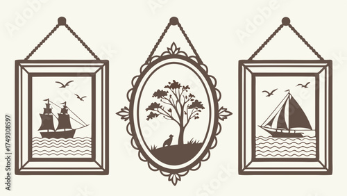 Hanging Vintage Framed Wall Art Collection with Nautical and Nature Silhouettes for Elegant Home Decor and Graphic Design