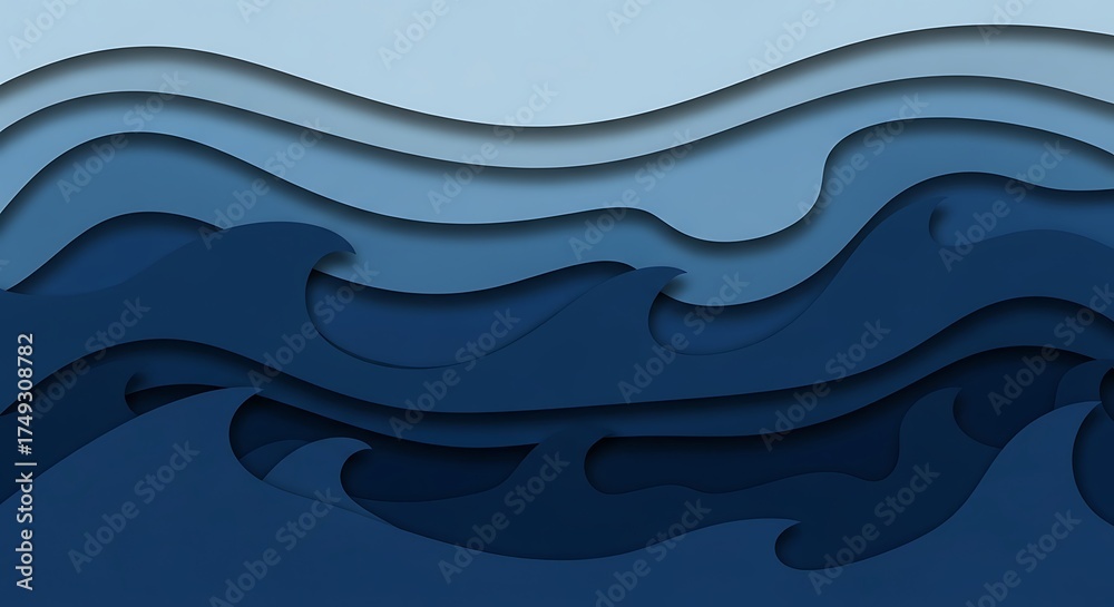 Fototapeta premium Abstract background with blue paper cut sea waves and topographic relief map effect creating depth and texture