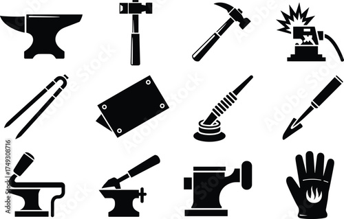 Blacksmithing metalworking tools and equipment set silhouettes craftsmanship and industry icons