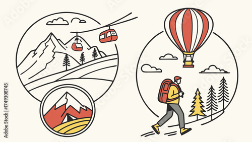 Outdoor Adventure Travel Illustration with Mountain Skiing, Hiking, Camping, and Hot Air Ballooning for Tourism Marketing and Web Design