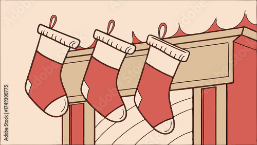 Three Red Christmas Stockings Hanging on Fireplace Mantelpiece Festive Holiday Home Decor for Winter Season and Joyful Celebration