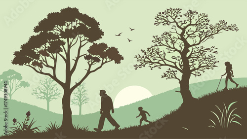 Generations Hiking Uphill in Serene Nature Landscape Silhouette. Outdoor Walk for Health, Wellness, Progress, and Life Journey.