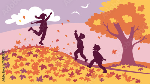 Happy Children Playing in Autumn Leaves Pile Joyful Kids Having Energetic Outdoor Fun for Fall Season Marketing