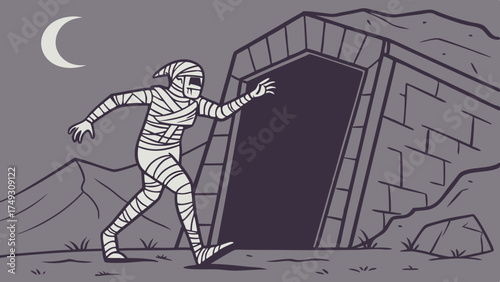 Mummy Running from Ancient Tomb Entrance at Night. Spooky Halloween Marketing for Mystery, Thriller, and Adventure Promotions