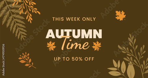 Vector fall banner. Autumn banner with sale ad lettering text composition and colorful fall leaves on khaki background. Beautiful autumn background with different leaves. Leaves decoration banner