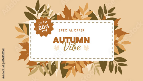 Horizontal banner with frame from colorful autumn leaves. Hand painted illustration. Beautiful greeting card with sale lettering text composition or copy space. Warm autumn colors, khaki brown, beige