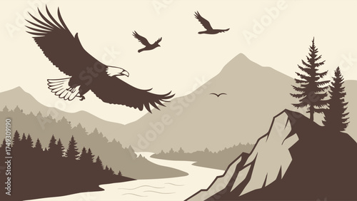 Majestic Bald Eagle Flying Over Mountain River Landscape Wilderness Nature Freedom Strength Power Resilience Outdoor Adventure Illustration