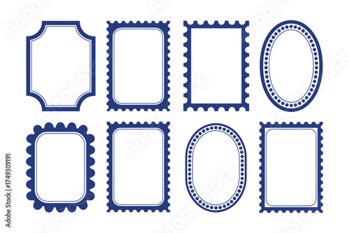 Collection of eight blank blue postage stamp frames with perforated edges and varied shapes