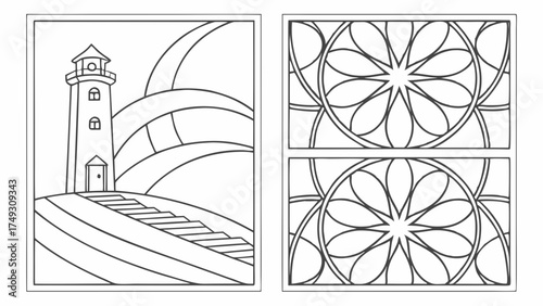 Lighthouse Coastal Scene and Rose Window Mandala Coloring Pages Line Art for Kids, Adults, Relaxation, and Creative Hobbies