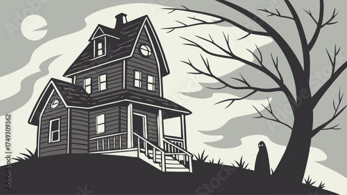 Eerie Haunted House on Dark Hill with Spooky Tree and Ghostly Figure Under Full Moon for Halloween Party and Horror Story