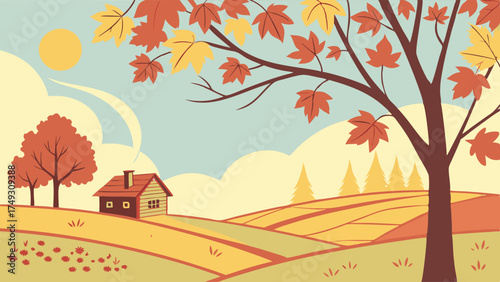 Idyllic Autumn Landscape with Cozy Rural House and Colorful Fall Trees. Peaceful Countryside Scene for Seasonal Promotions, Web Design, and Nature Backgrounds.