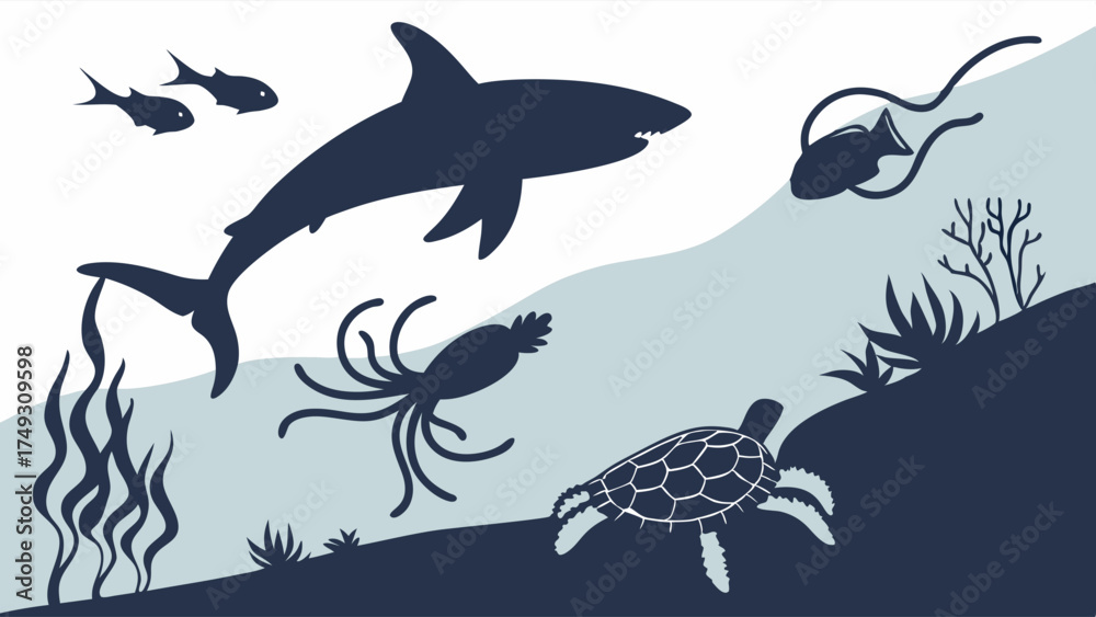Obraz premium Diverse Underwater Marine Life Silhouettes Ocean Ecosystem Sea Animals Shark Fish Squid Turtle Coral Seaweed Nature Education Conservation Environment Design