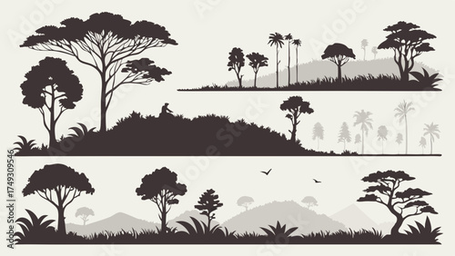 Nature Landscape Silhouettes Vector Pack with African Savanna Trees, Tropical Forest, Hills, and Grass for Web Design and Game Backgrounds