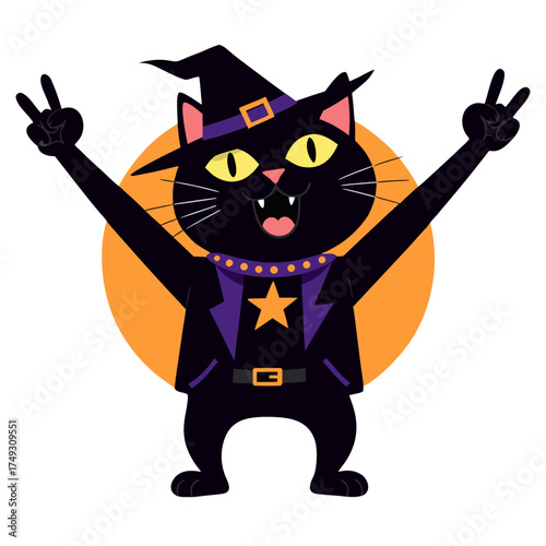 Black cat rockstar celebrating Halloween with peace signs and cheerful expression, white background, isolated, vector, T-shirt, print