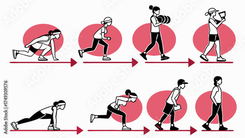 Dynamic Fitness Training Sequence for Men and Women Demonstrating Strength Exercises Lunges Burpees and Weightlifting for Health Apps and Gyms