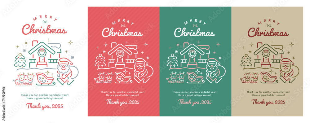 Fototapeta premium クリスマスのカードやポスター・バナー広告のデザインに最適な線画のかわいいイラスト:シンプルおしゃれなテンプレート