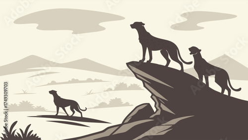 Wild Dogs Pack Silhouette on Rocky Cliff Overlooking Vast Landscape. Leadership, Teamwork, Vision for Business Growth.