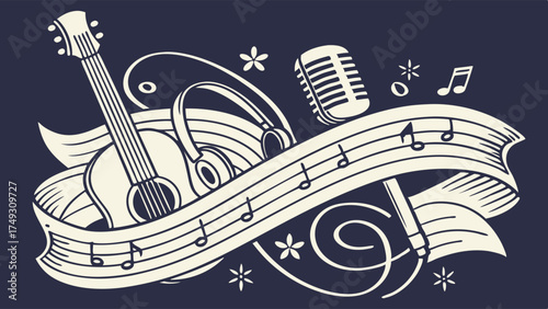 Vintage Music Illustration with Guitar Microphone Headphones and Musical Notes for Creative Audio Production Entertainment and Media Design