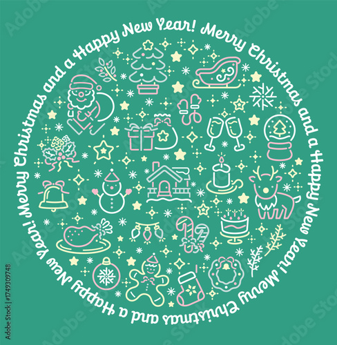 クリスマスの円形・丸のロゴデザイン:周囲に文字がある線アイコン的なイラスト