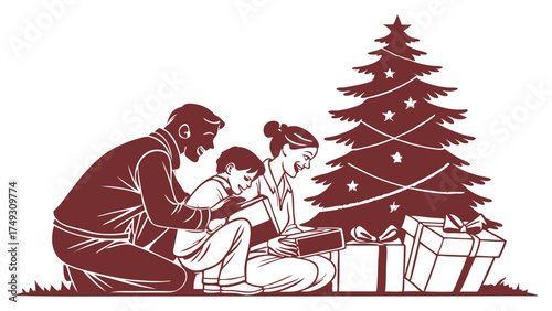 Joyful Family Opening Christmas Gifts by a Festive Tree. Happy Parents and Son Unwrap Holiday Presents Together for Seasonal Celebration