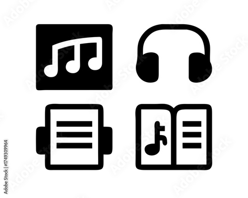 Four black icons representing music, audio, document and book