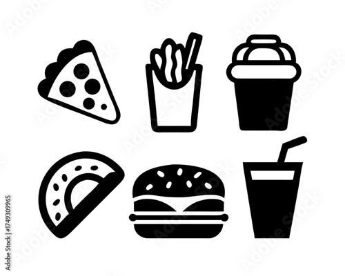 Fast food icons depicting pizza, burger, fries, and drinks