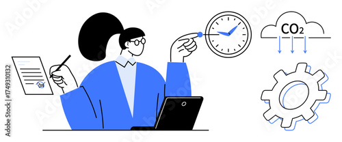 Professional woman with pen, paper, and laptop managing time on clock, monitoring CO2 reduction in cloud, optimizing process with gear. Ideal for sustainability, productivity, time management
