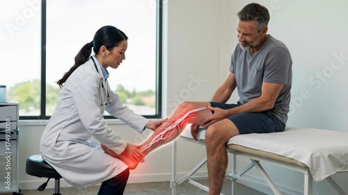 Woman doctor examines man patient leg with highlighted nerves and pain points for nerve damage concept, medical diagnosis animation