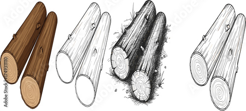 Wood log illustration set with realistic and line art style isolated on white background natural forest timber vector design