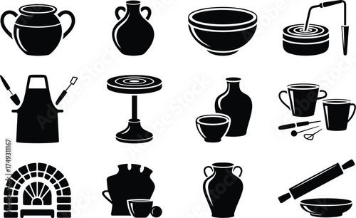 Collection of pottery tools and ceramic artistry elements for crafting and design