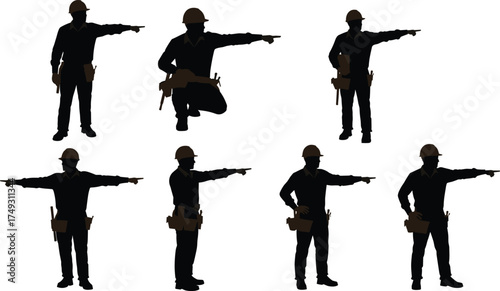 "Silhouette construction workers pointing in different poses wearing hard hats and tool belts, industrial teamwork vector illustration for building projects"