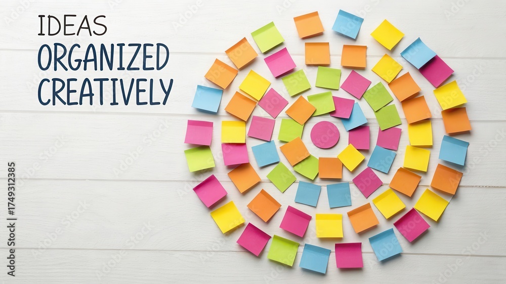 Obraz premium Colorful Sticky Notes Arranged in Spiral Pattern on White Surface