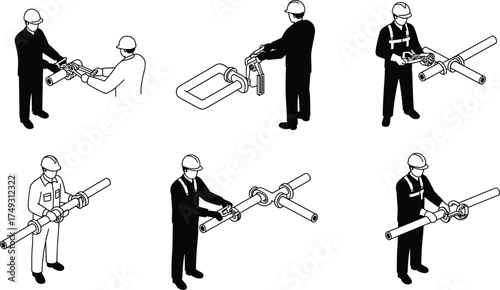 Silhouette construction workers with safety helmets assembling pipes using clamps and wrenches, teamwork labor illustration, industrial plumbing maintenance, vector engineering concept design