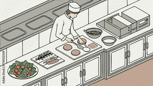 Professional Chef Cooking Patties and Preparing Fresh Salad in a Modern Commercial Kitchen. Restaurant Food Service Operations