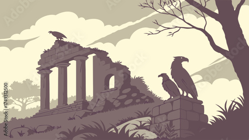 Ancient Roman Ruins with Majestic Eagles Perching Under Dramatic Sky for History Travel and Cultural Education