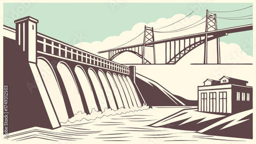 Retro Style Hydroelectric Dam Power Plant and Suspension Bridge Engineering Infrastructure Water Management Renewable Energy