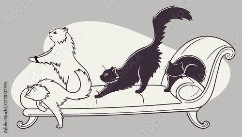 Cozy Cat Illustration Four Felines Stretching and Relaxing on Elegant Chaise Lounge for Pet Lifestyle and Home Decor