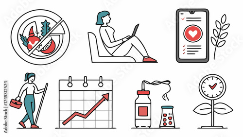 Modern Line Art Healthy Lifestyle and Personal Growth Icon Set for Digital Wellness, Productivity, Fitness, Nutrition, Business Planning, Self-Care