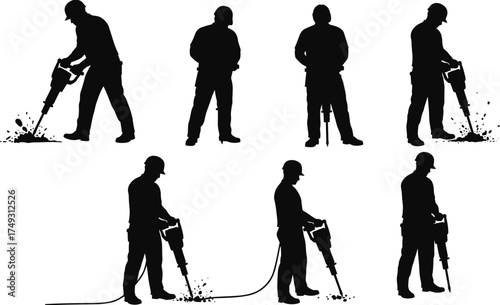Silhouette construction workers operating jackhammers breaking concrete ground industrial labor teamwork heavy equipment urban worksite vector illustration isolated design