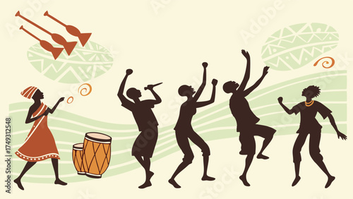 Joyful African Dancers and Musicians Celebrate with Traditional Drums and Horns. Vibrant Cultural Festival, Community Event, and Diversity Illustration.
