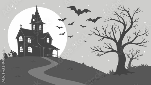 Spooky Haunted House Silhouette Flying Bats Full Moon Bare Trees Eerie Night Halloween Vector Illustration Background