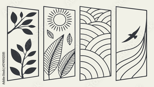 Modern Minimalist Nature Line Art Illustrations. Botanical Leaves, Sun, Hills, Flying Bird. Eco Design for Web, Branding, Wellness, Sustainability.
