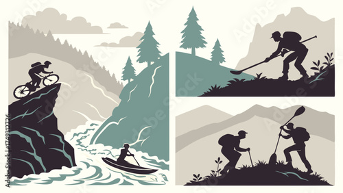 Dynamic Outdoor Adventure Sports Silhouettes Mountain Biking Kayaking Hiking in Nature for Travel Tourism and Active Lifestyle