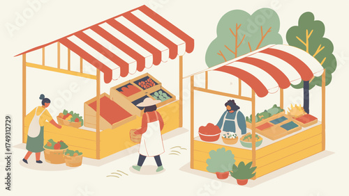 Vibrant Outdoor Farmer's Market Stalls with Fresh Organic Fruits and Vegetables. Shoppers Buying Healthy Local Produce from Vendors.